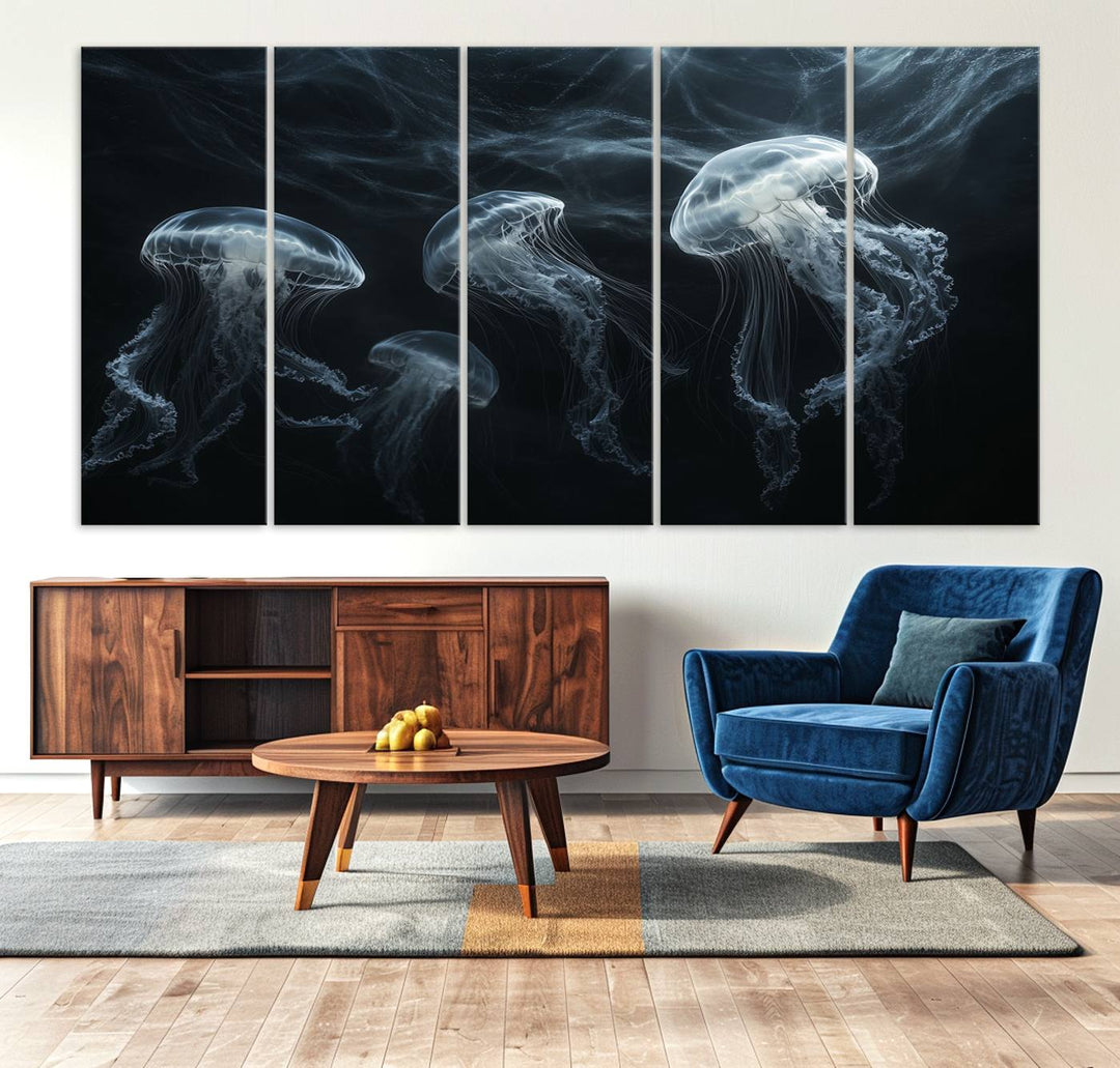 The Jellyfish Wall Art Canvas Print features glowing jellyfish in vibrant colors on museum-quality canvas.