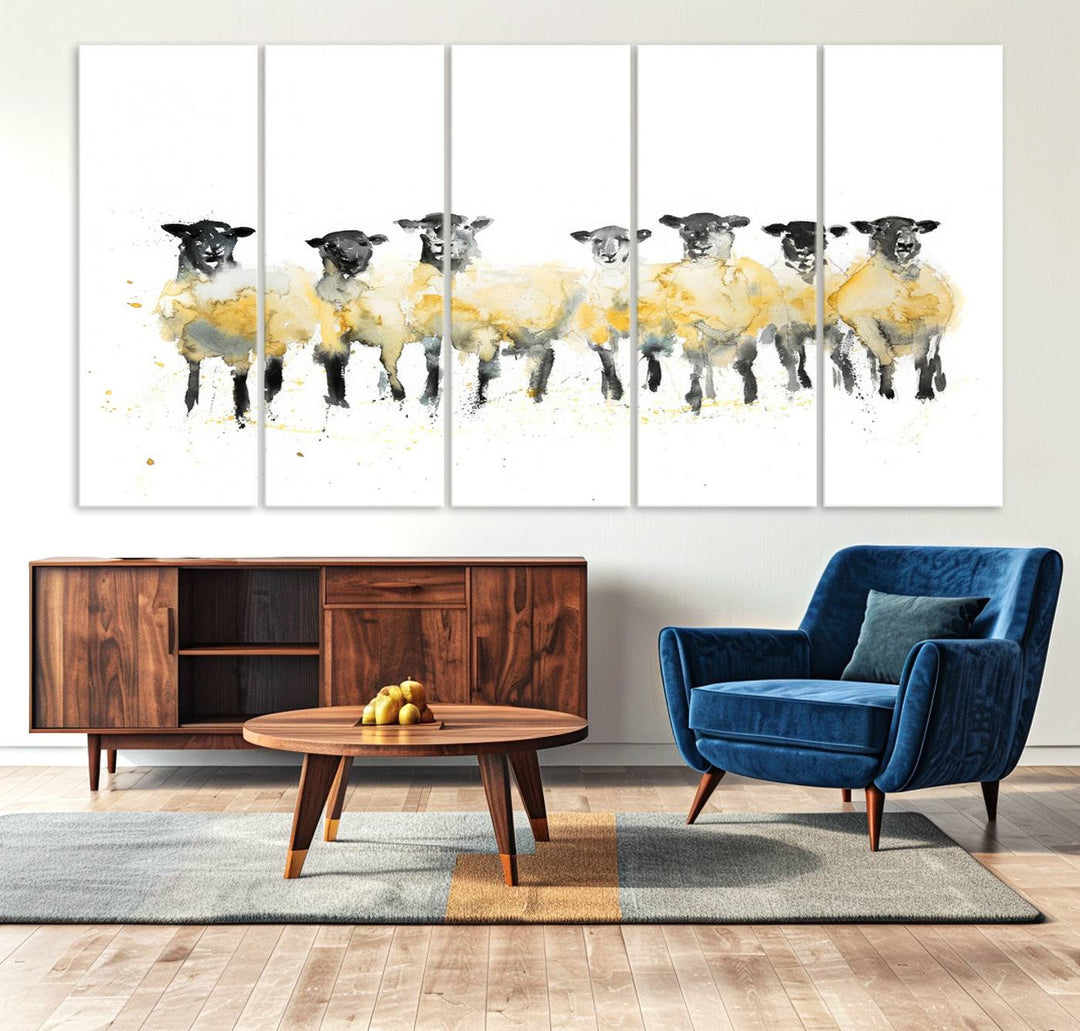 The Farmhouse Wall Art Sheep Print, ready to hang as a framed canvas, adorns the black wall, adding a hint of rustic barn decor.