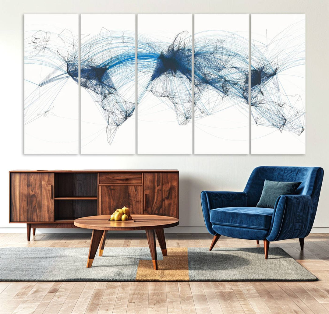 The Aviation Flight Map Wall Art is a set of three abstract panels featuring a world map with blue lines, resembling a flight map. Ideal for aviation enthusiasts, this ready-to-hang framed air traffic art print enhances the appeal of modern decor.