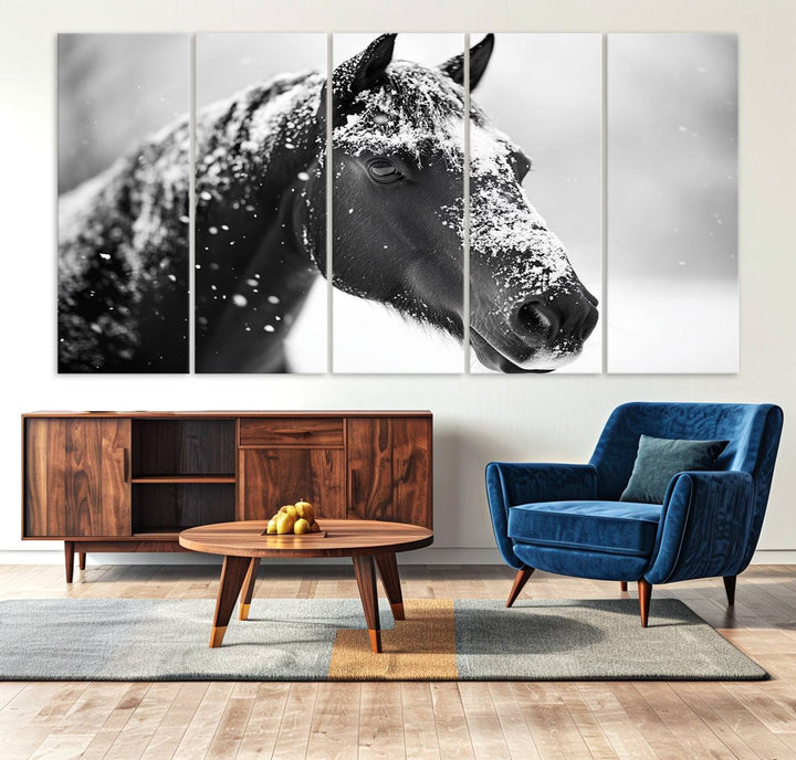 A set of Winter Horse Snow Wall Art Canvas Prints hangs, creating the perfect touch of Rustic Cabin Decor.