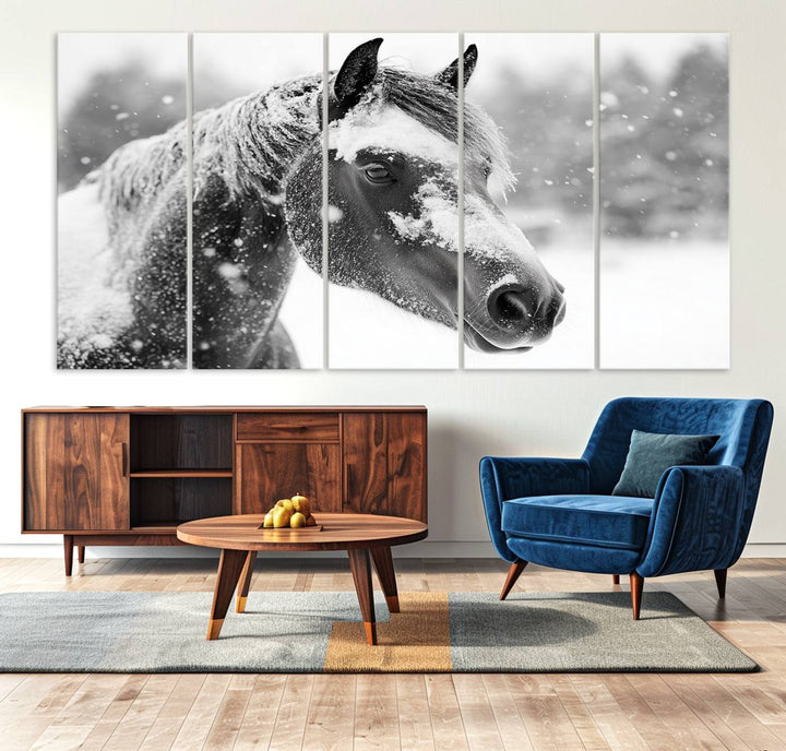 The Black Horse Winter Wall Art, framed and ready to hang, is beautifully displayed as farmhouse and western wall decor.