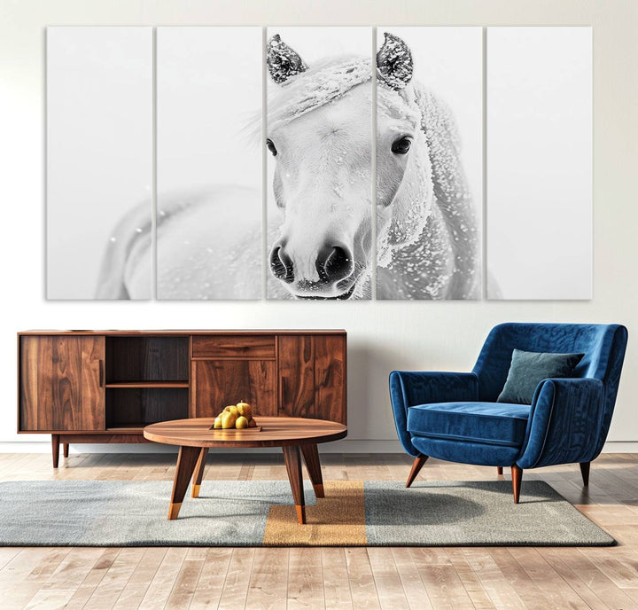 The dining room features the Majestic White Horse Wall Art, adding to its rustic charm.