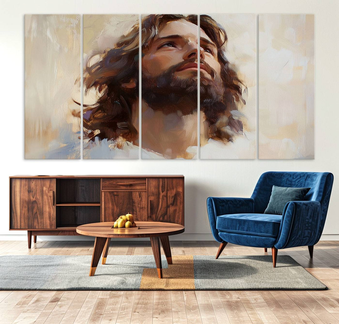 The "Jesus Christ Portrait Wall Art," a ready-to-hang and framed canvas print, features a bearded man with long hair looking upward, creating an inspirational spiritual atmosphere.