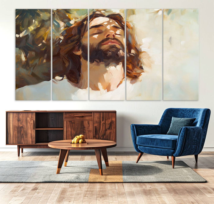 The Jesus Portrait Wall Art Canvas Print features a depiction of Jesus Christ with closed eyes, basking in sunlight. His expression exudes a peaceful, spiritual atmosphere against a blurred background.