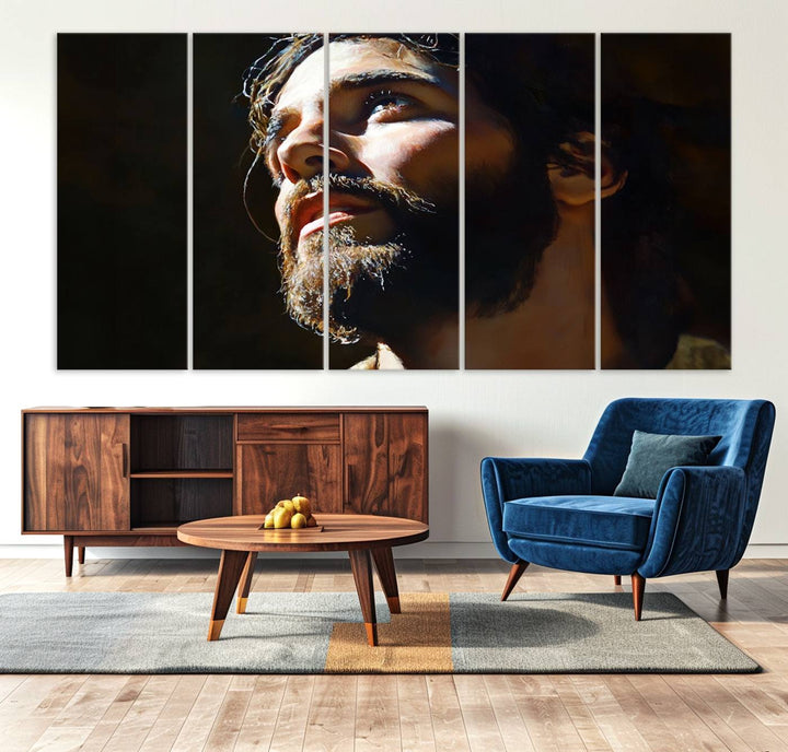 The Jesus Portrait Wall Art Canvas Print features a thoughtful depiction of Jesus Christ in an oil painting style, adding an inspirational religious touch to the decor.