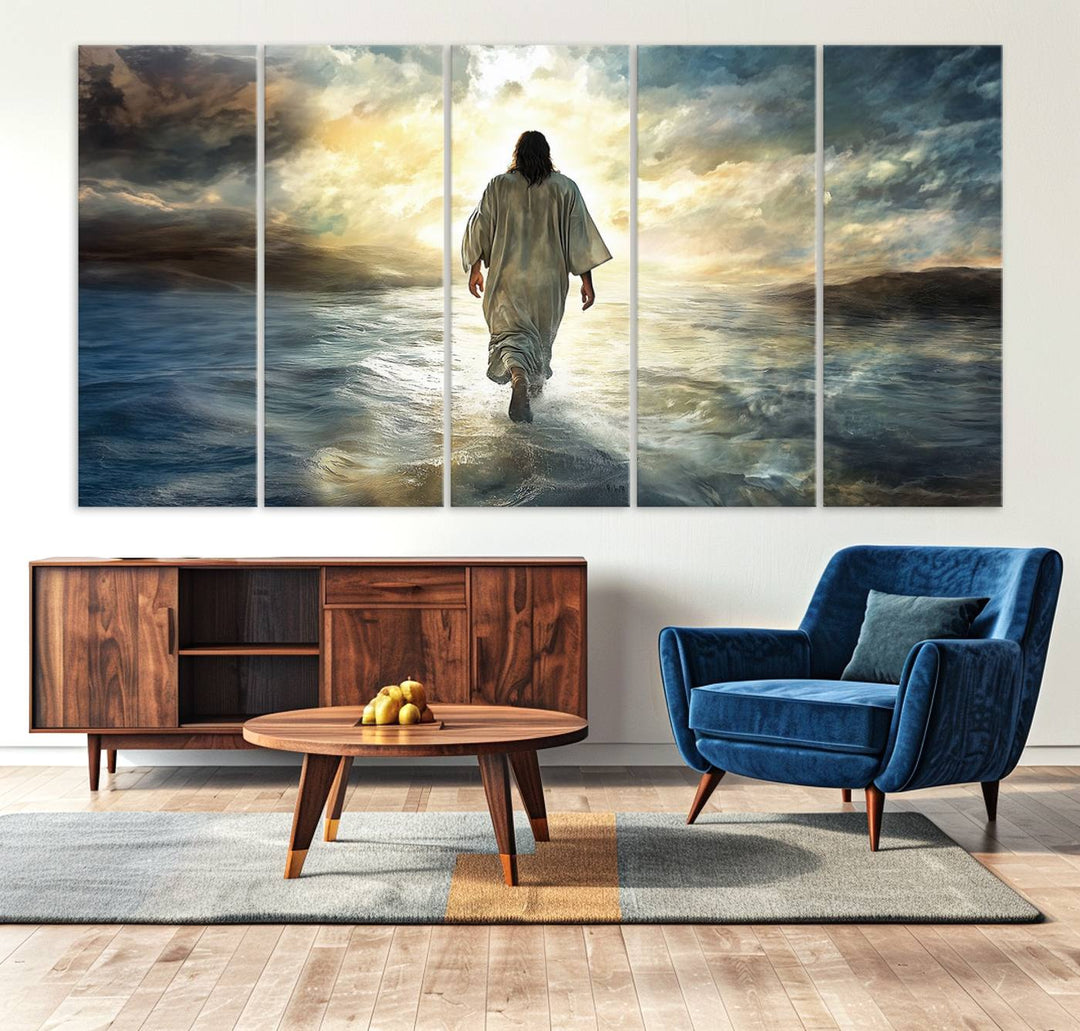 The Jesus Walking on Water Wall Art, a captivating triptych canvas print, showcases a person walking on water beneath dramatic clouds. This ready-to-hang piece seamlessly combines faith and style for your Christian home decor.