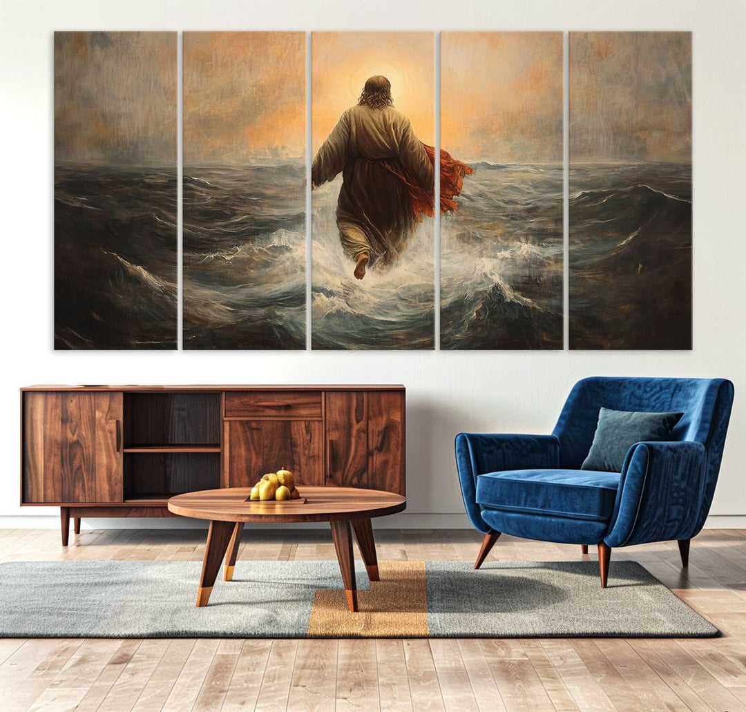 A modern living room is adorned with a triptych titled "Jesus Walking on Water, Christian Wall Art, Jesus Christ Walking on Oil Painting Style Print." The artwork, presented on museum-quality canvas, showcases vibrant colors and exquisite detail.