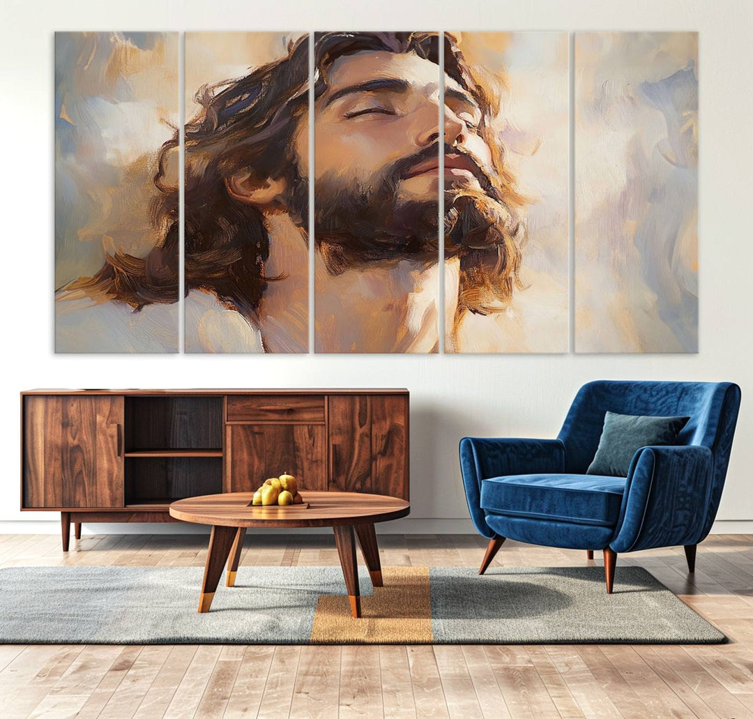 This museum-quality canvas print, titled "Jesus Portrait," features an oil painting style depiction of Jesus Christ with a closed-eyed expression. The high-resolution printing captures every detail beautifully.