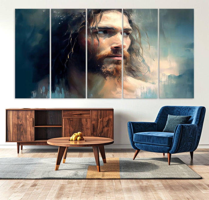 The Jesus Portrait Wall Art Canvas Print, featuring a depiction of a man with long hair and a beard, is showcased on a wooden wall. This Christian Wall Art is rendered on museum-quality canvas, highlighting the mastery of high-resolution printing in an oil painting style.