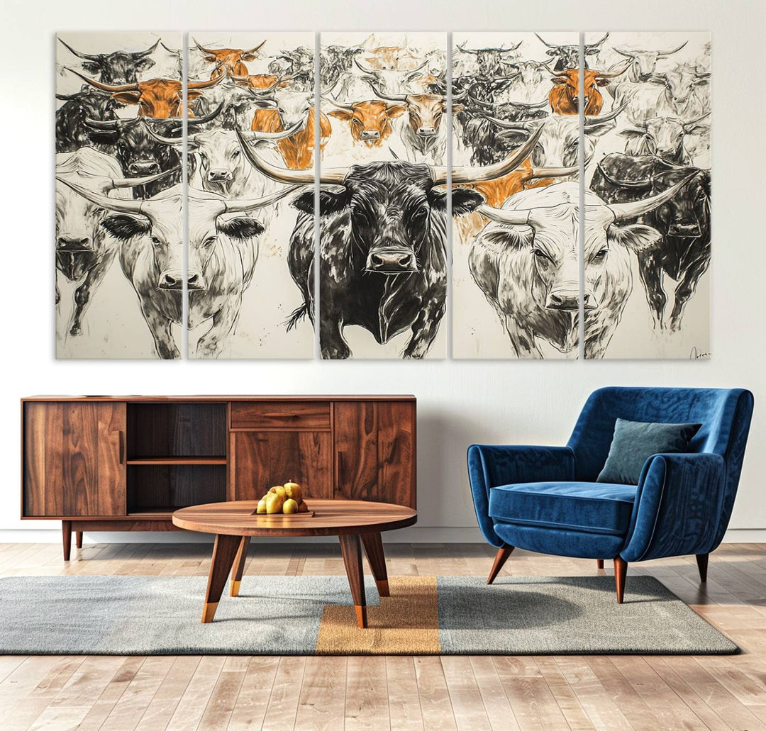 This exquisite farmhouse wall art, titled "Western Longhorn Cattle Canvas Print," showcases a majestic herd of longhorn cattle in a three-panel design. This ready-to-hang and framed barn decor infuses your space with rustic charm.