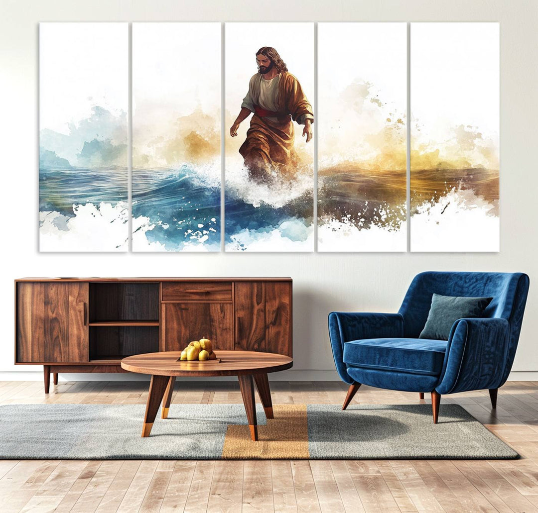 Watercolor Jesus Walking on Water Canvas Print, Christian Wall Art, Jesus Christ Walking