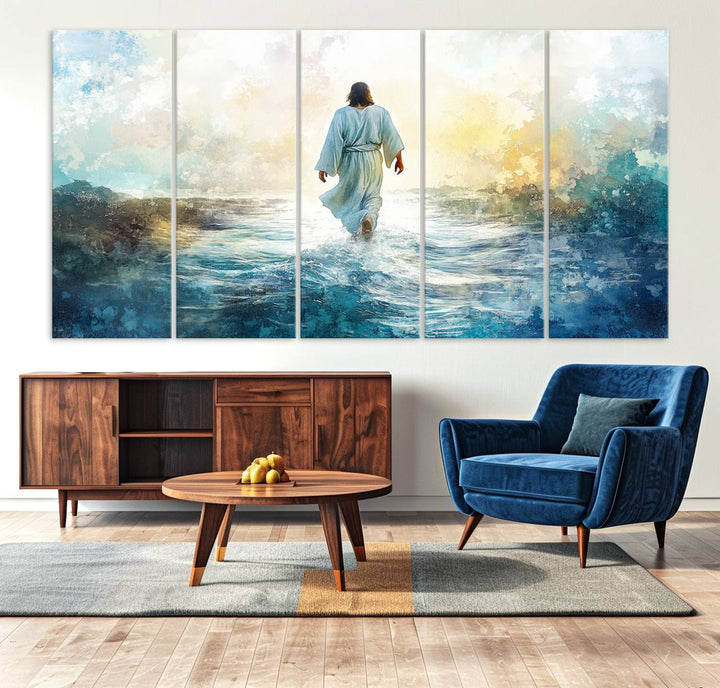 Watercolor Jesus Walking on Water Canvas Print, Christian Wall Art, Jesus Christ Walking