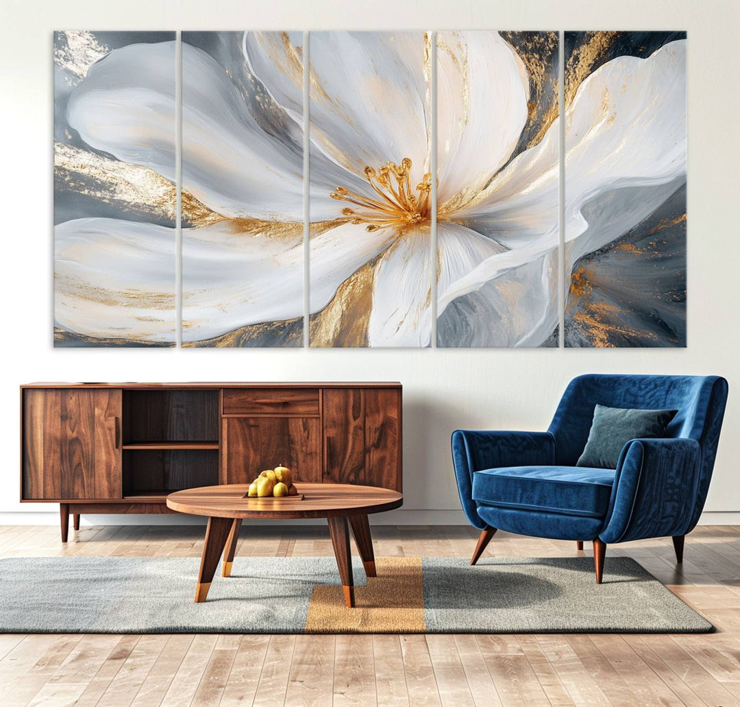 White and Gold Floral Canvas Wall Art - Framed and Ready to Hang - Perfect for Modern Living Rooms