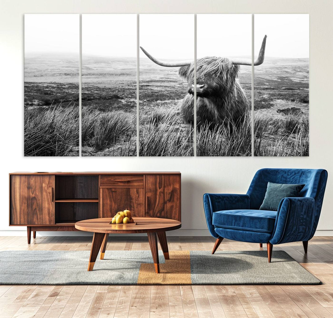 Scottish Highland Cow Wall Art | Black and White Canvas Print | Ready to Hang and Framed | Rustic Farmhouse Wall Decor for Living Room or Office