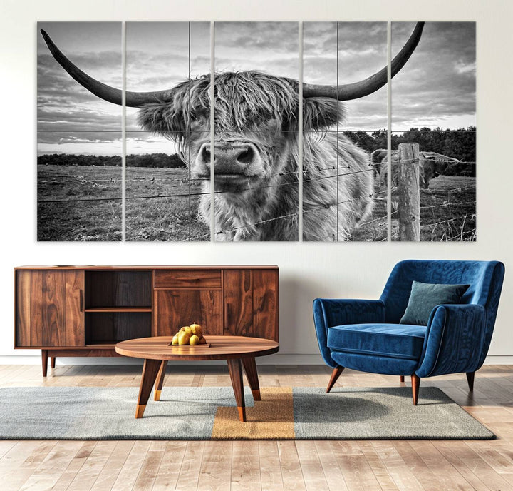 Scottish Highland Cow Wall Art Canvas Print | Ready to Hang and Framed | Rustic Farmhouse Decor