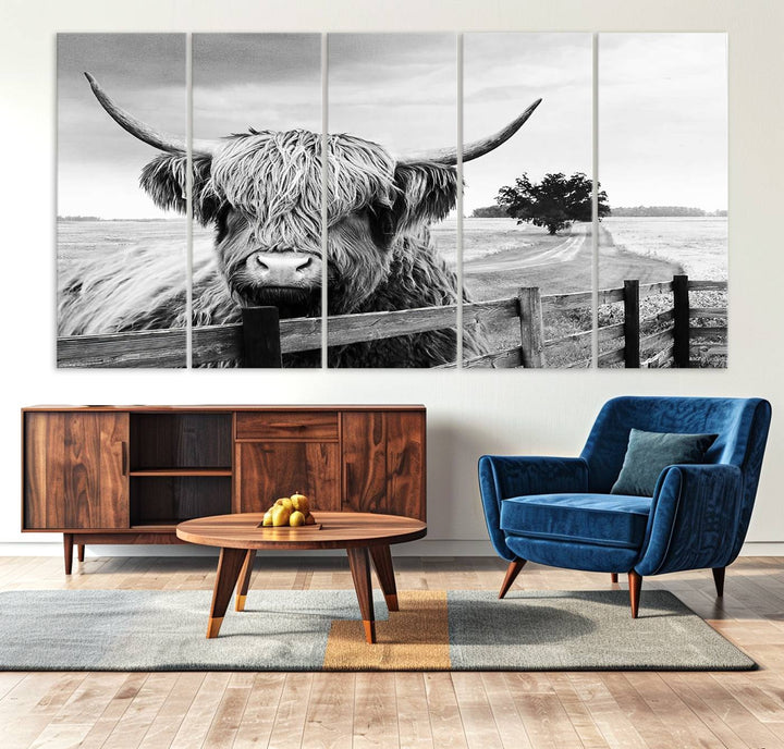 Scottish Highland Cow Wall Art | Rustic Farmhouse Décor | Black and White Ready to Hang Canvas Print