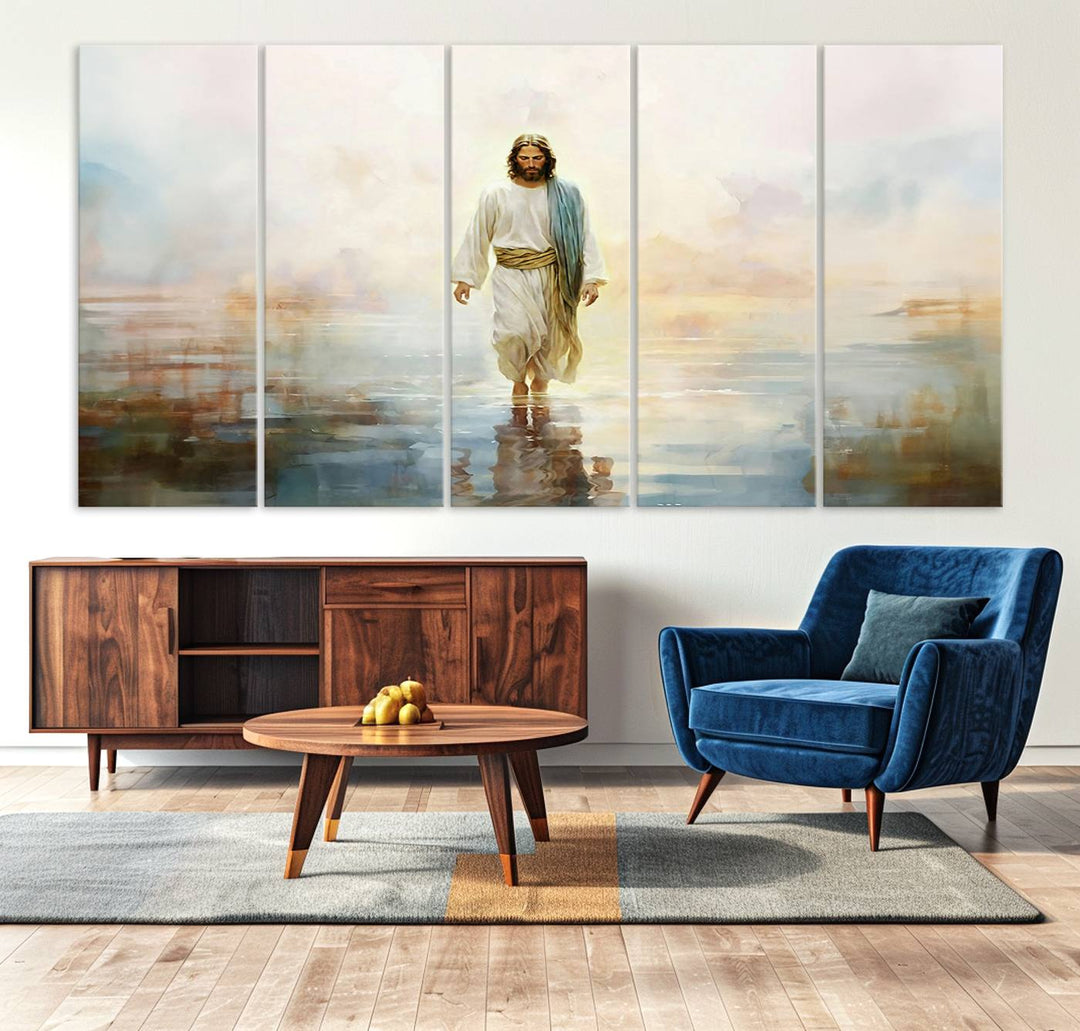 The 3-panel Framed Jesus Walking on Water Wall Art showcases a serene religious scene.