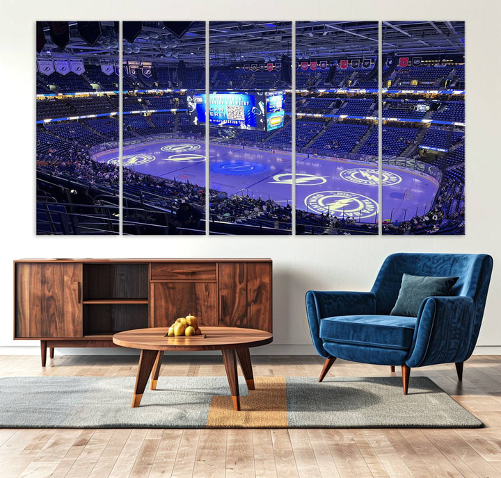 The wall art canvas print at Amalie Arena features team logos on ice, encapsulating the vibrant atmosphere of an NHL hockey stadium.