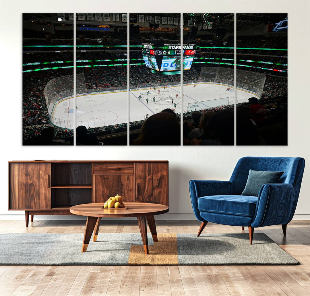 The Dallas Stars Wall Art Canvas Print is as clear as the scoreboard stats at a hockey game in a large arena with bright lights.