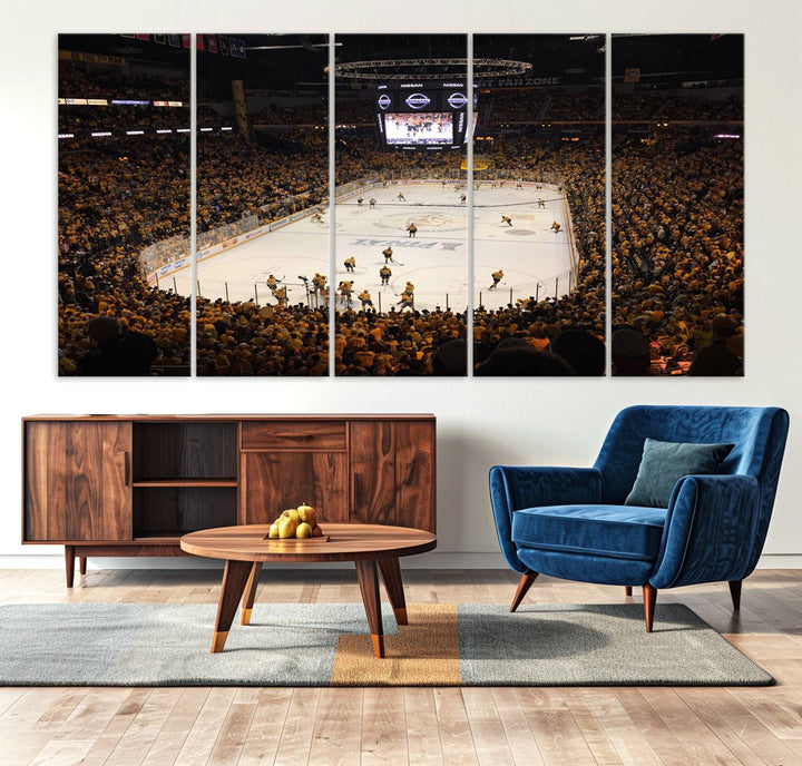 A captivating triptych canvas print, titled "Bridgestone Arena - Nashville Predators Hockey Team Print," adorns the wall. This Nashville wall art canvas print is perfect for Predators fans who appreciate sports-themed decor.