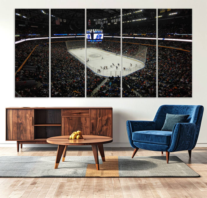 The nautical-themed room is enhanced by the KeyBank Center New York Buffalo Sabres Hockey Stadium Wall Art Canvas Print, a three-panel depiction of a bustling hockey arena with a gallery-quality finish. This canvas artwork, handmade in the USA, introduces an element of sporting elegance to your decor.