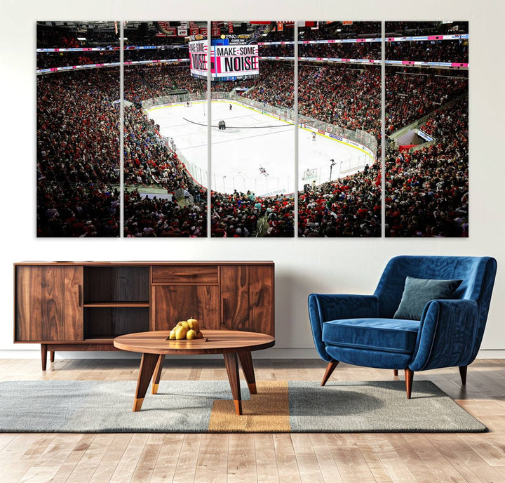 The living room features the PNC Arena Raleigh North Carolina Hurricanes Hockey Stadium Wall Art Canvas Print, which depicts a crowded ice hockey stadium with enthusiastic fans and an ongoing game, all rendered in high-resolution on museum-quality canvas.