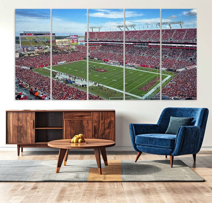 The Florida Tampa Raymond James Stadium Wall Art Canvas Print is featured above the cabinet.