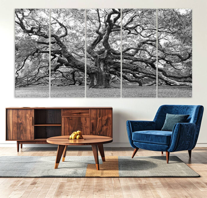 Black White Angel Oak Tree Wall Art - Timeless Nature-Inspired Canvas for Rustic, Modern, or Traditional Home Decor