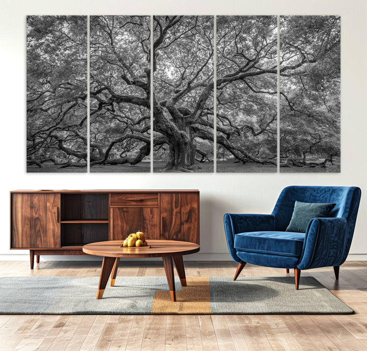 Majestic Angel Oak Tree Black and White Canvas Print – Multi Panel Wall Art, Giclée Print, Ready to Hang Nature Photography for Home Decor