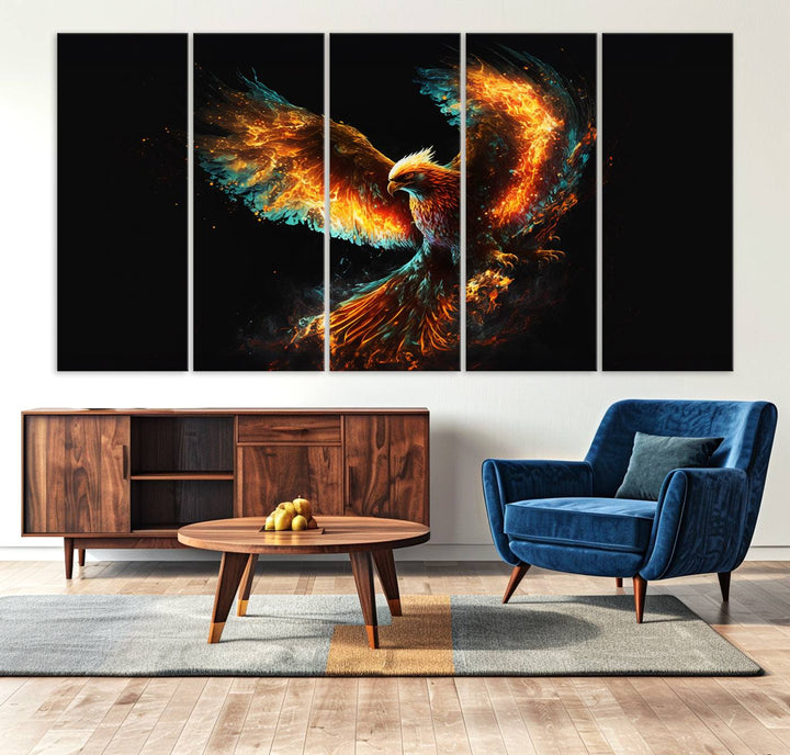 Fiery Phoenix Canvas Print | Ready to Hang Wall Art | Bold Fantasy Decor for Living Room | Majestic Bird Artwork