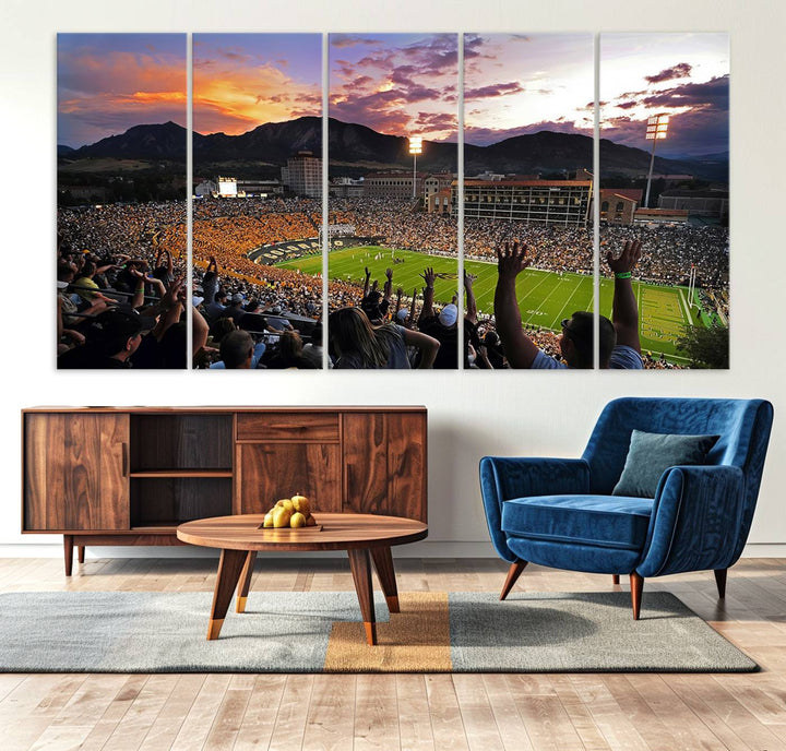 The Folsom Field Stadium Print beautifully captures the Colorado Buffaloes stadium at sunset, set against a stunning mountain backdrop.