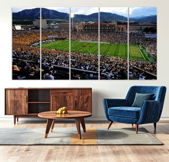 A canvas print captures the Colorado Buffaloes at Folsom Field, framed by mountains in the background.