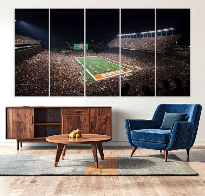 A football game at a packed stadium is captured on the University of Texas Longhorns Stadium Canvas Print.