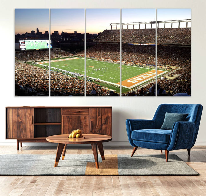 The Evening Game canvas art captures a glowing sunset and skyline at Texas Longhorns Darrell K Royal Stadium.