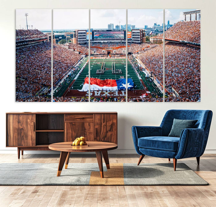 University of Texas Longhorns canvas: A premium print depicting Darrell K Royal-Texas Memorial Stadium with the city skyline and Texas flag.
