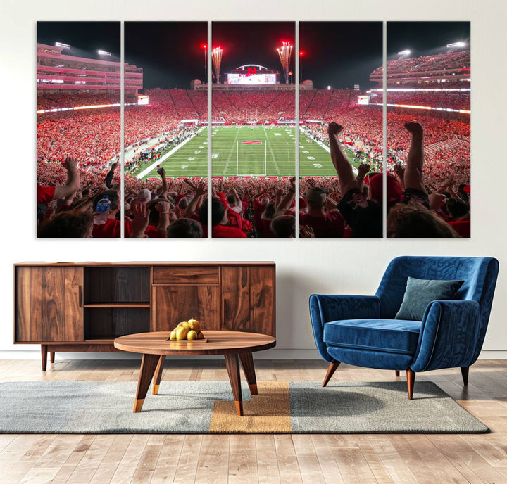 The University of Nebraska Cornhuskers Football Team Print, a vibrant three-panel canvas depicting Lincoln Memorial Stadium filled with enthusiastic fans from the end zone perspective, features a gallery-quality finish.