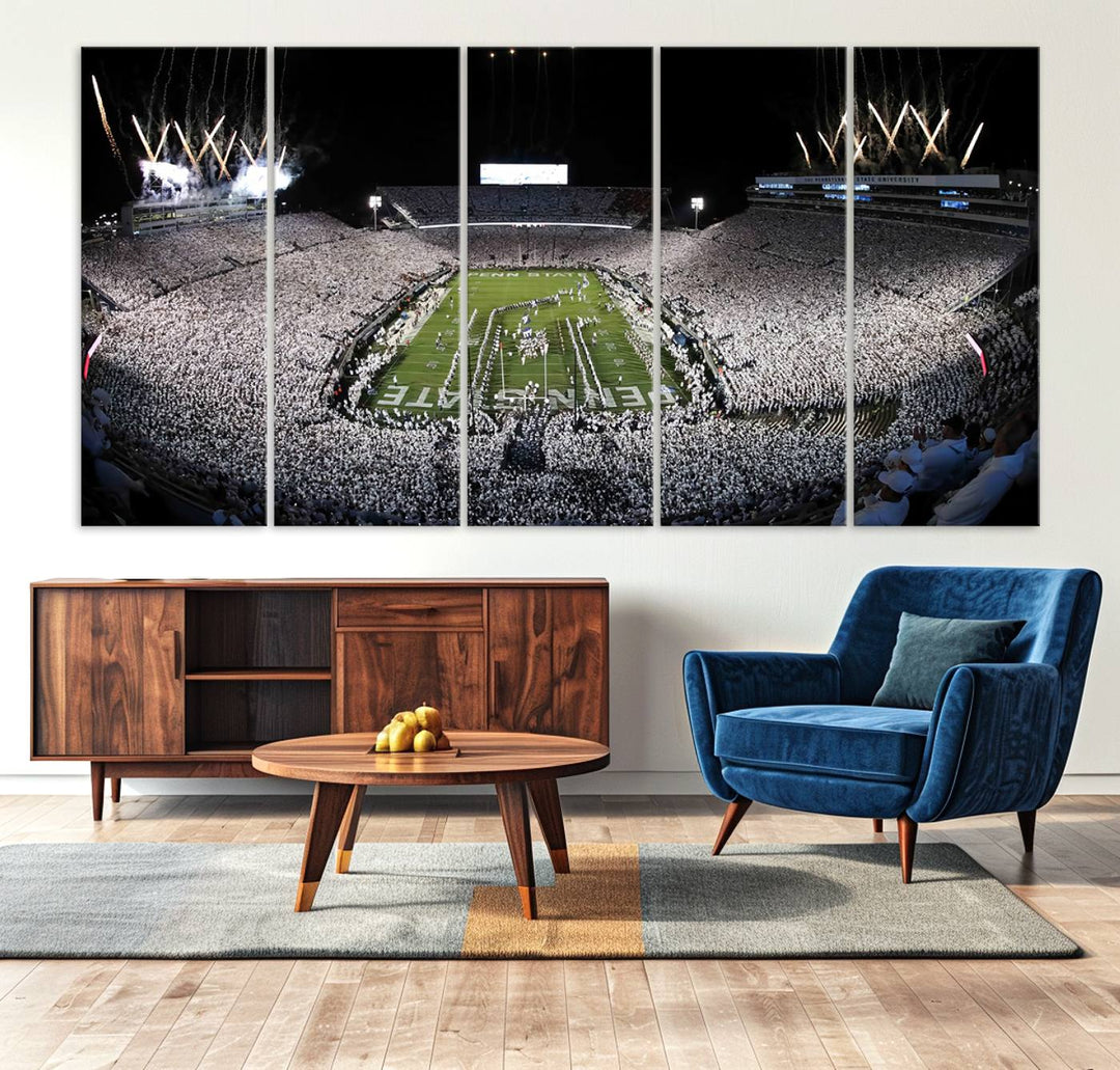 Wide-angle print of a packed stadium with fireworks, ideal gallery-quality wall art - Penn State Nittany Lions Canvas.