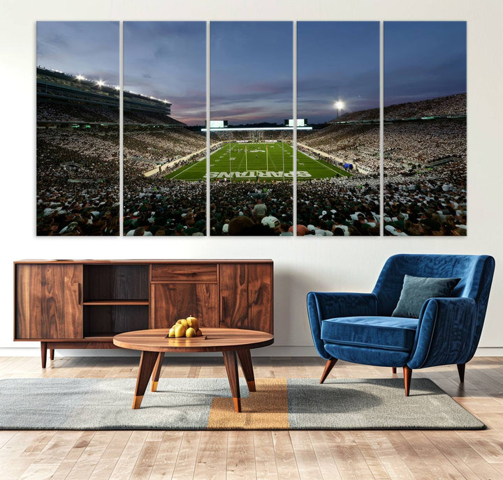 Wall art featuring a stadium at dusk with full stands—ideal for the Michigan State Spartans Football Team Canvas Print.