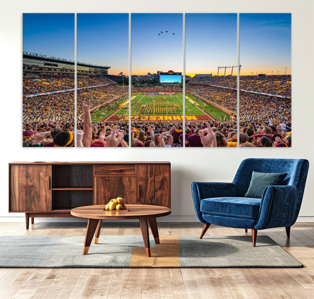 Canvas wall art featuring the University of Minnesota Football Team print, showcasing Huntington Bank Stadium at sunset with jets overhead.