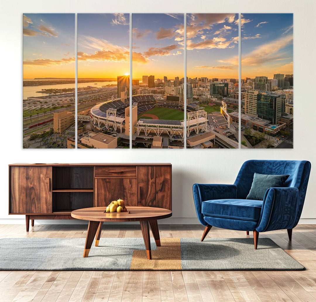 Petco Park Sunset Triple Canvas Wall Art - San Diego Cityscape and MLB Game - Home of the San Diego Padres