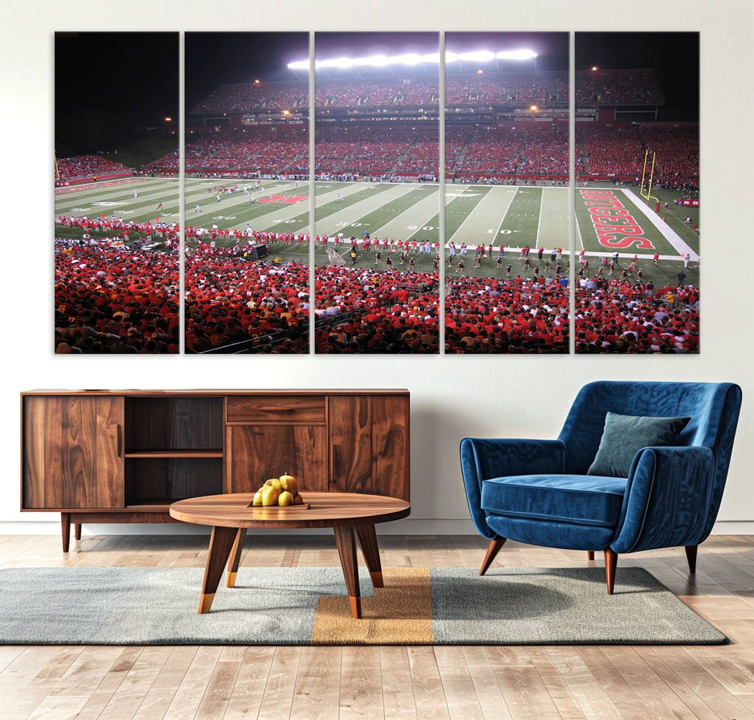 A bustling night game at SHI Stadium is captured as Rutgers Scarlet Knights wall art on a gallery-quality canvas print.