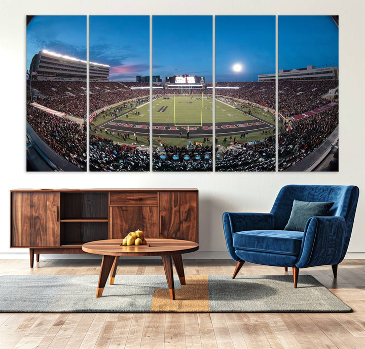 The wall art in the living room features a Texas Tech Red Raiders Football Team Print, showcasing Jones AT&T Stadium at dusk.