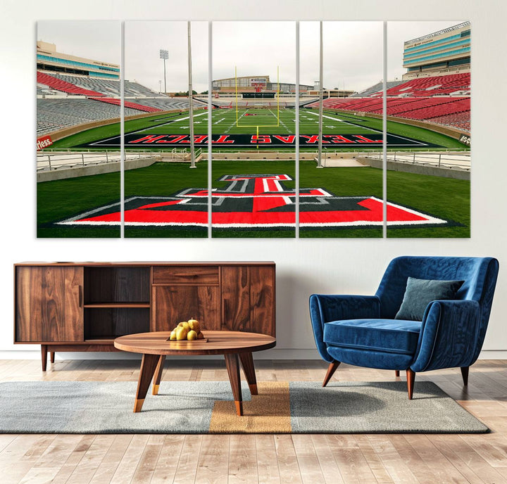 Gallery-quality print of Lubbock Jones AT&T Stadium featuring the Texas Tech Red Raiders field, highlighted by red and gray bleachers.