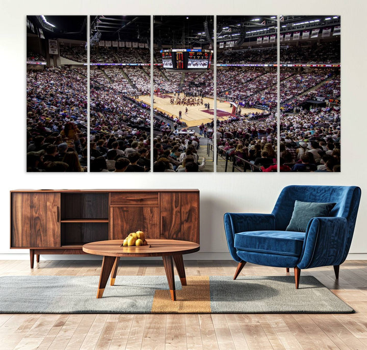 The Nebraska Basketball Arena Wall Art Canvas features an arena filled with Cornhuskers fans and players beneath a scoreboard.