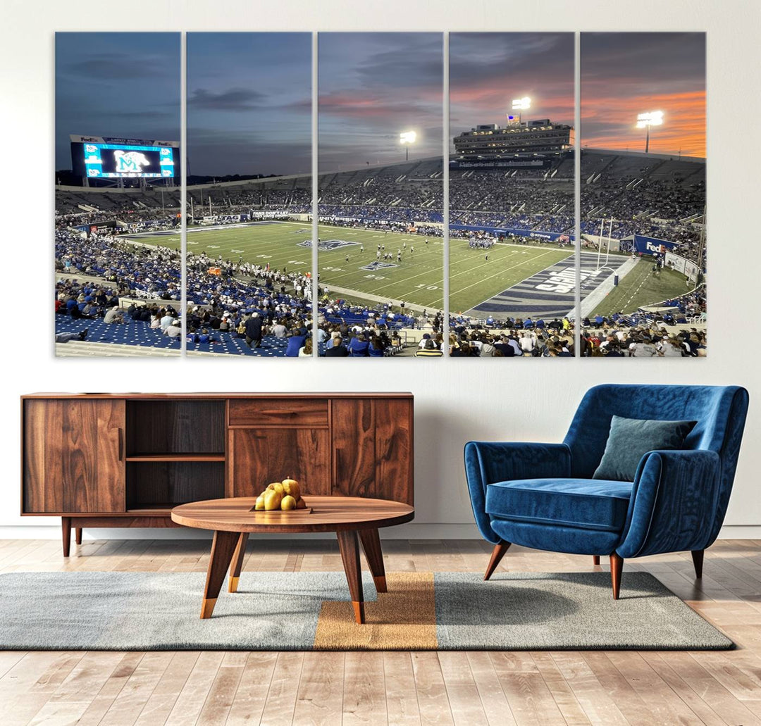 A Memphis Tigers football canvas print of Simmons Bank Liberty Stadium at sunset enhances the living room.