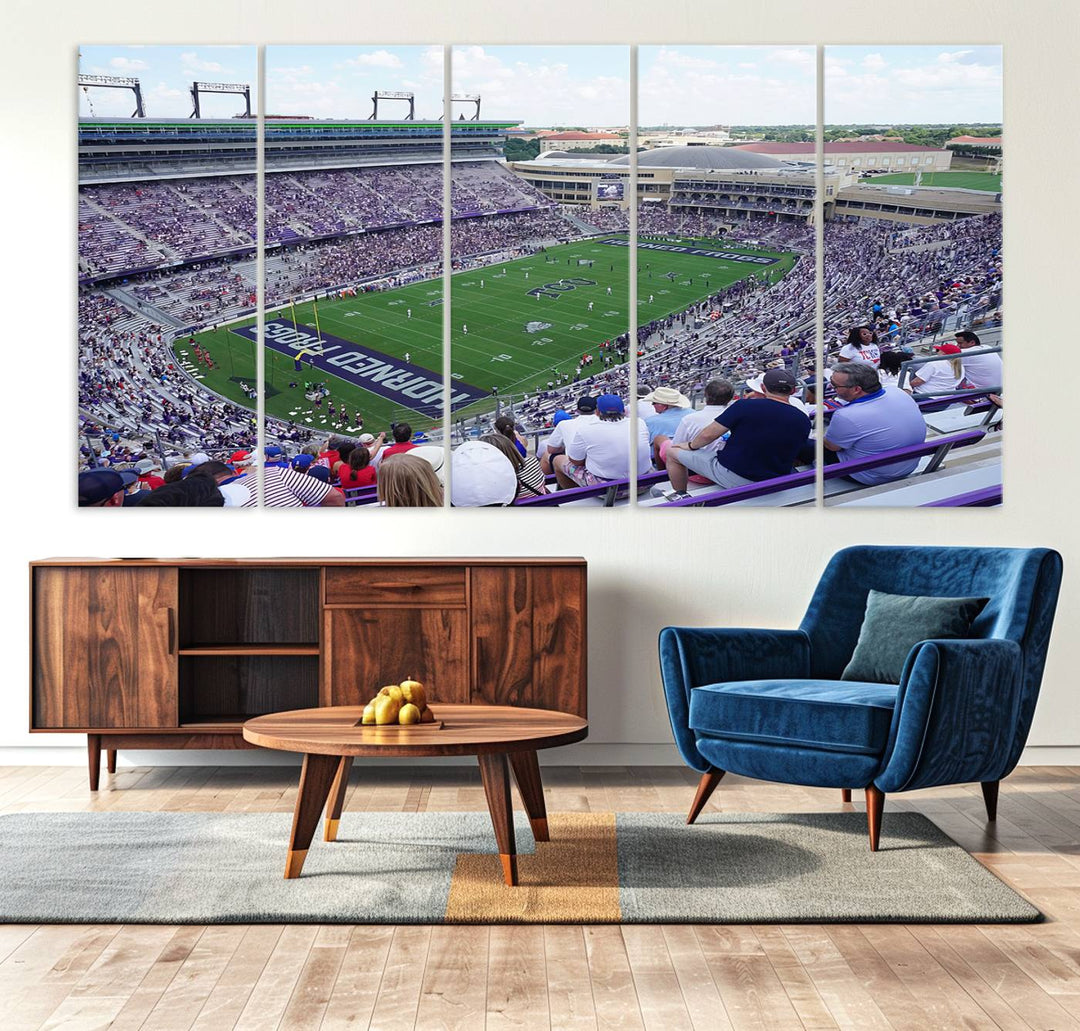 Amon G. Carter Stadium wall art canvas showcasing the TCU Horned Frogs and packed stands at Fort Worth.