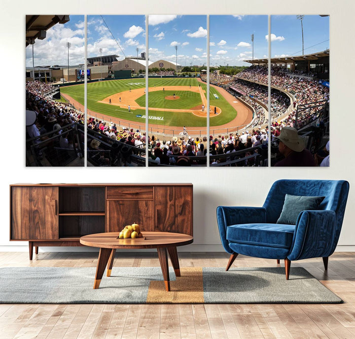 A baseball stadium under a blue sky, capturing the energy of The Texas A&M Aggies Athletics Kyle Field Wall Art.