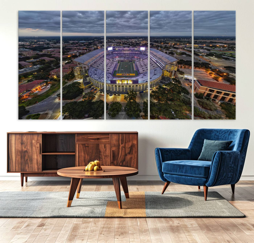 The LSU Tigers Football Team Baton Rouge Tiger Stadium Canvas is displayed prominently, capturing attention with its vivid depiction of the iconic stadium.