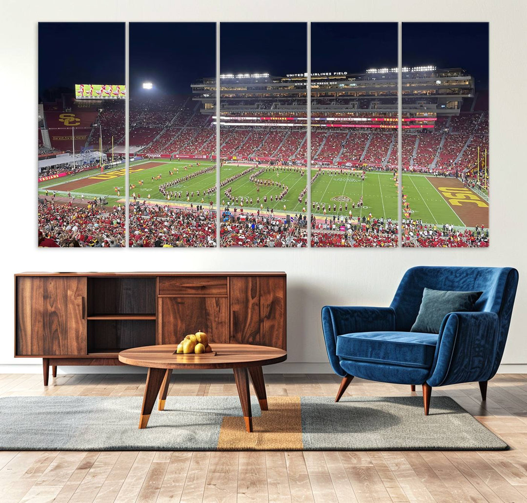 Canvas print depicting a packed stadium at night with a marching band forming USC, celebrating the Trojans at Los Angeles Memorial Coliseum.