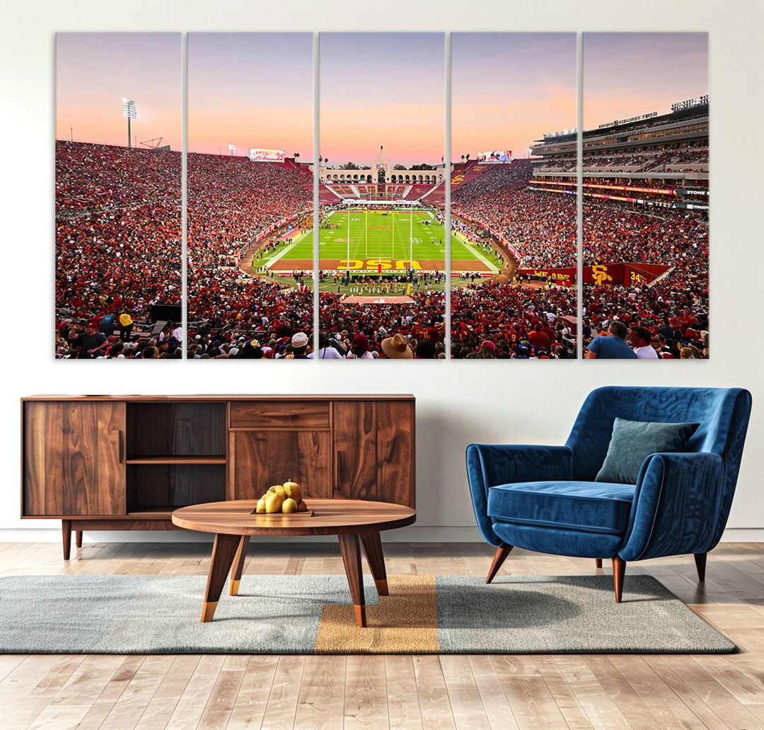 A USC Trojans wall art canvas print highlights the scene, depicting the Coliseum Stadium at sunset.